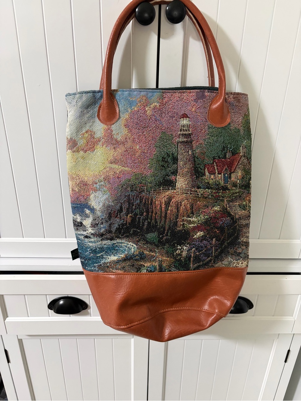 Lighthouse Tapestry Tote with Brown Faux-Leather Trim